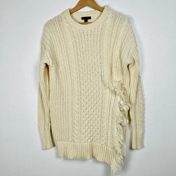 JCREW Cream Oversize Wool Blend Cable knit Fringe Asymmetrical Sweater Size: XS - Picture 3 of 13